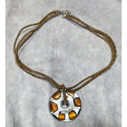 Metallic Glass Donut Pendant Necklace Silver And Gold Tone With Gold Glass Seed Beads