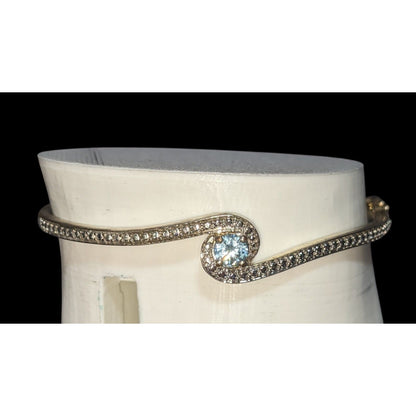 Y2K Coquette Elegant Silver Tone Blue Crystal CZ Wave Bracelet Stamped BR