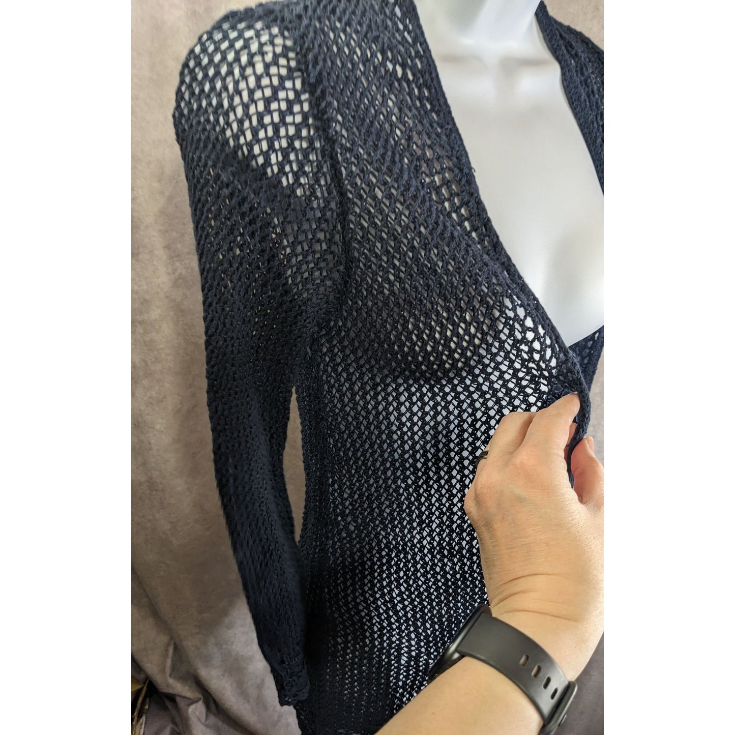 Lucky Brand 90s Style Navy Open Knit Long Sleeve Cardigan Sweater