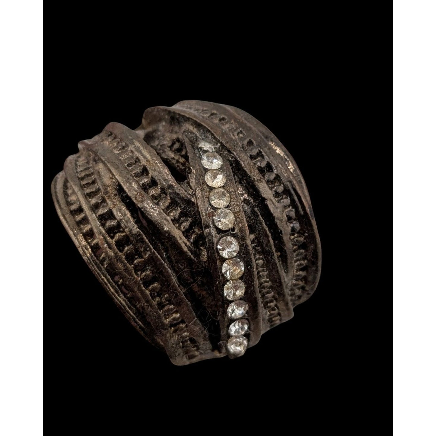 Goth Brutalist Rhinestone Crossover Ring Antiqued Silver Tone Industrial Statement