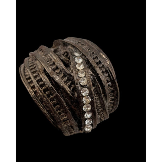 Goth Brutalist Rhinestone Crossover Ring Antiqued Silver Tone Industrial Statement
