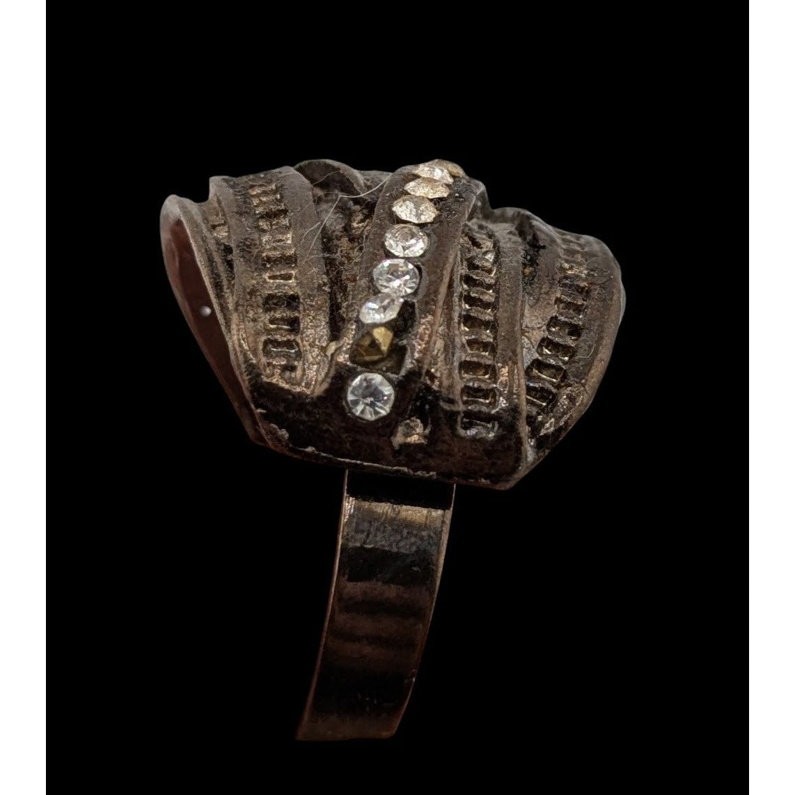 Goth Brutalist Rhinestone Crossover Ring Antiqued Silver Tone Industrial Statement