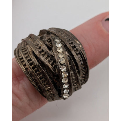 Goth Brutalist Rhinestone Crossover Ring Antiqued Silver Tone Industrial Statement