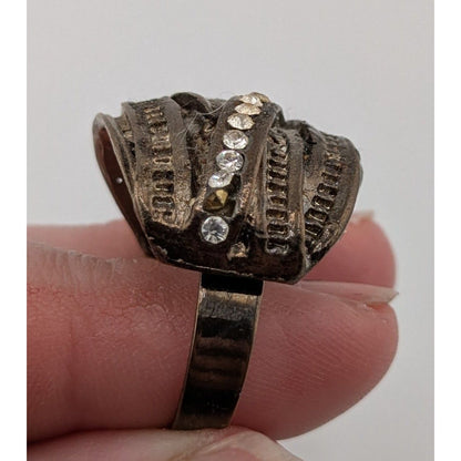 Goth Brutalist Rhinestone Crossover Ring Antiqued Silver Tone Industrial Statement