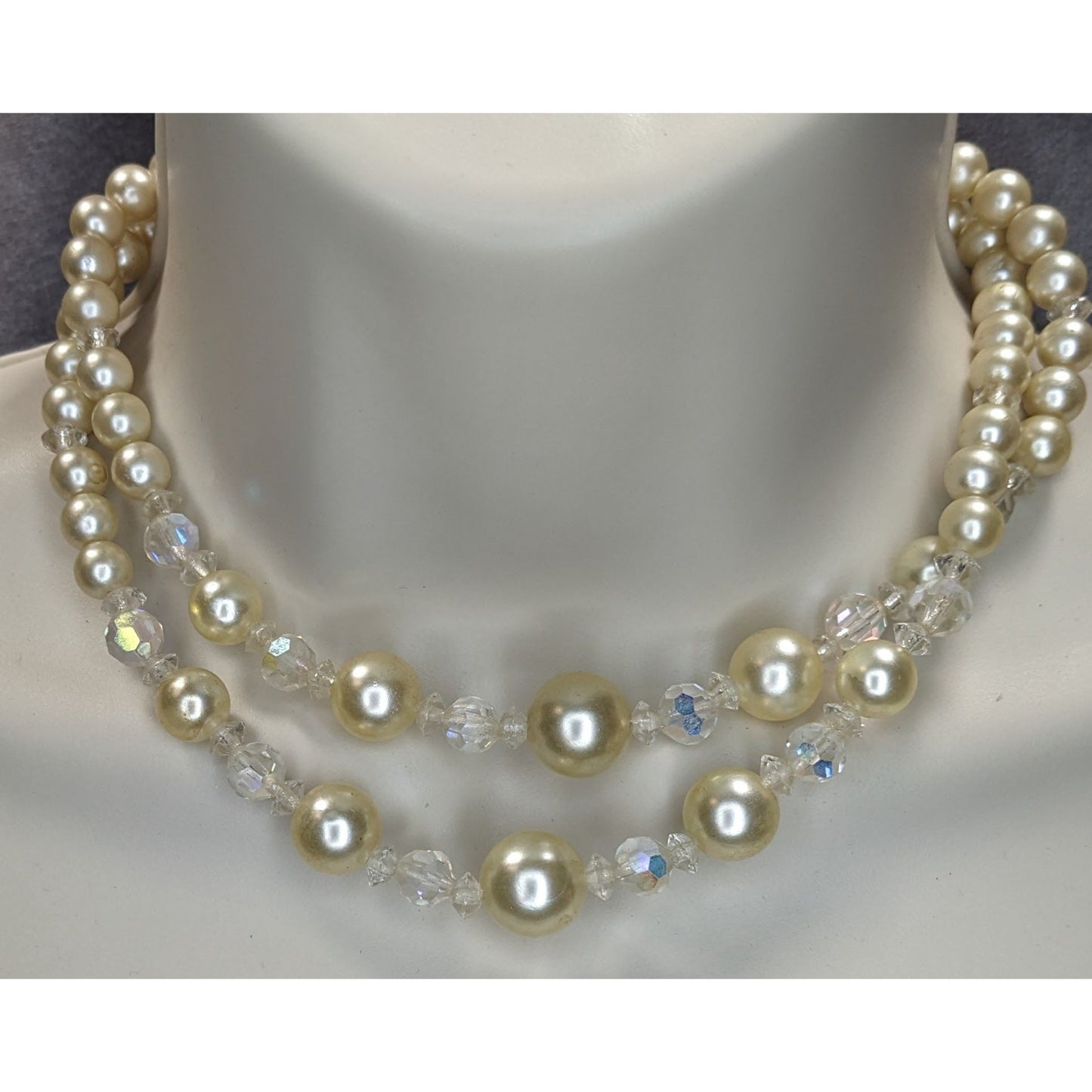 Coquette Vintage Layered Faux Pearl Aurora Borealis Crystal Bead Necklace