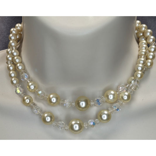 Coquette Vintage Layered Faux Pearl Aurora Borealis Crystal Bead Necklace