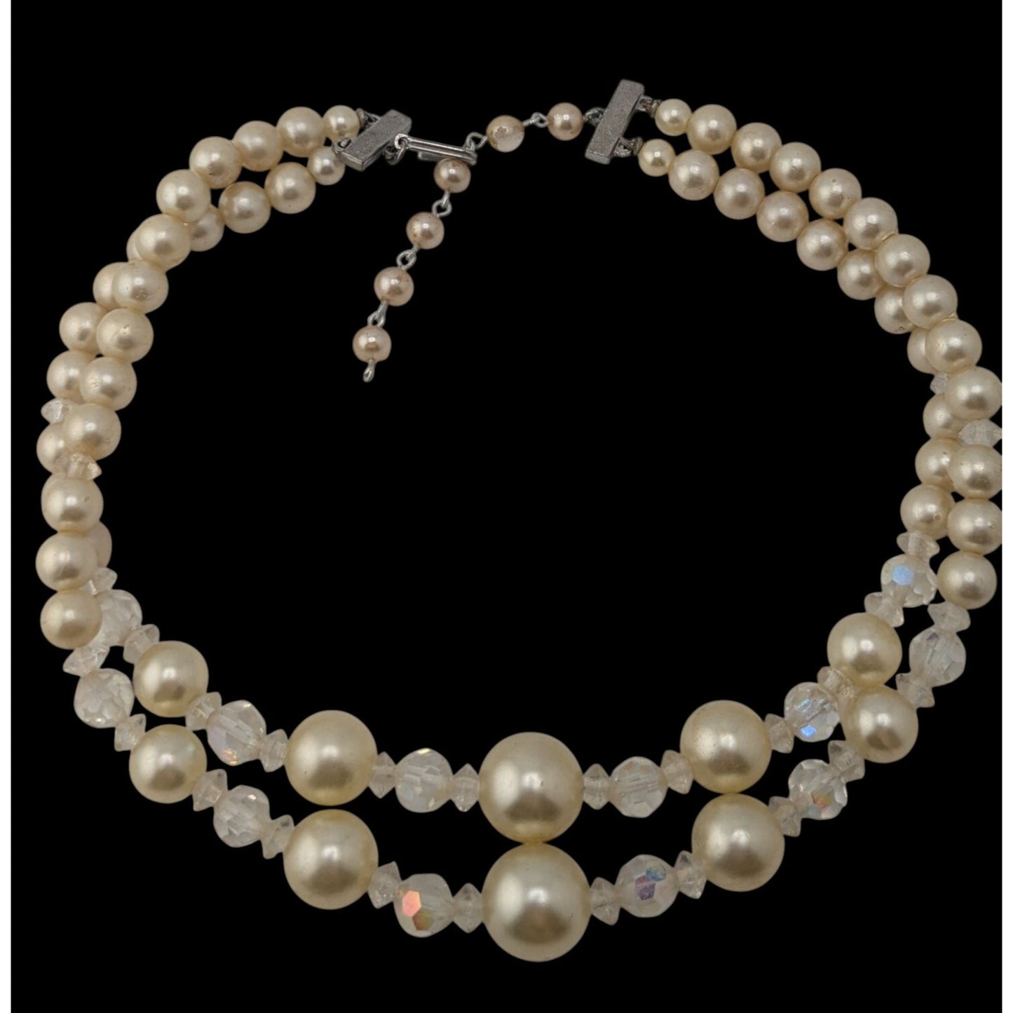 Coquette Vintage Layered Faux Pearl Aurora Borealis Crystal Bead Necklace