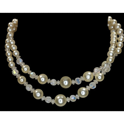 Coquette Vintage Layered Faux Pearl Aurora Borealis Crystal Bead Necklace