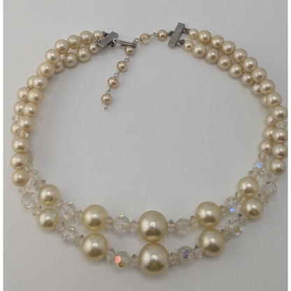 Coquette Vintage Layered Faux Pearl Aurora Borealis Crystal Bead Necklace