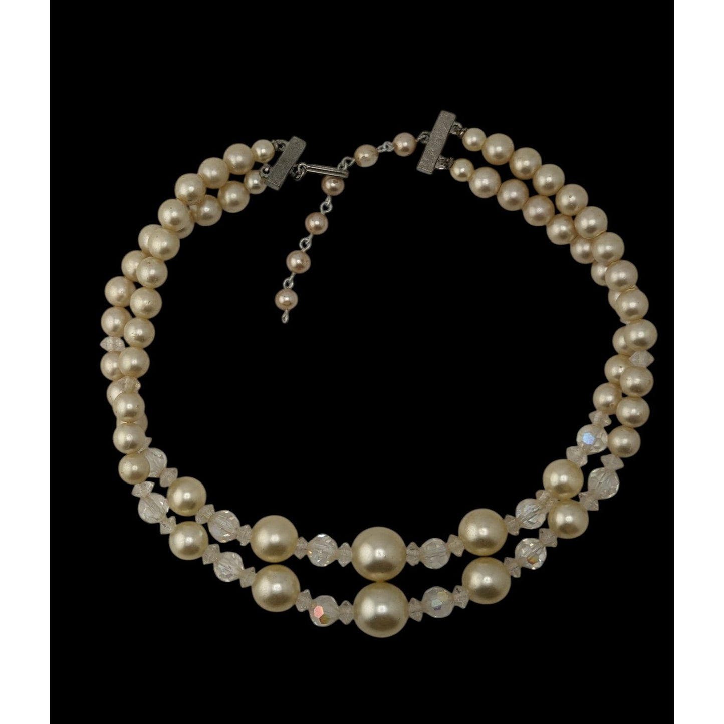Coquette Vintage Layered Faux Pearl Aurora Borealis Crystal Bead Necklace