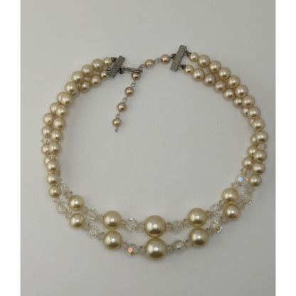 Coquette Vintage Layered Faux Pearl Aurora Borealis Crystal Bead Necklace
