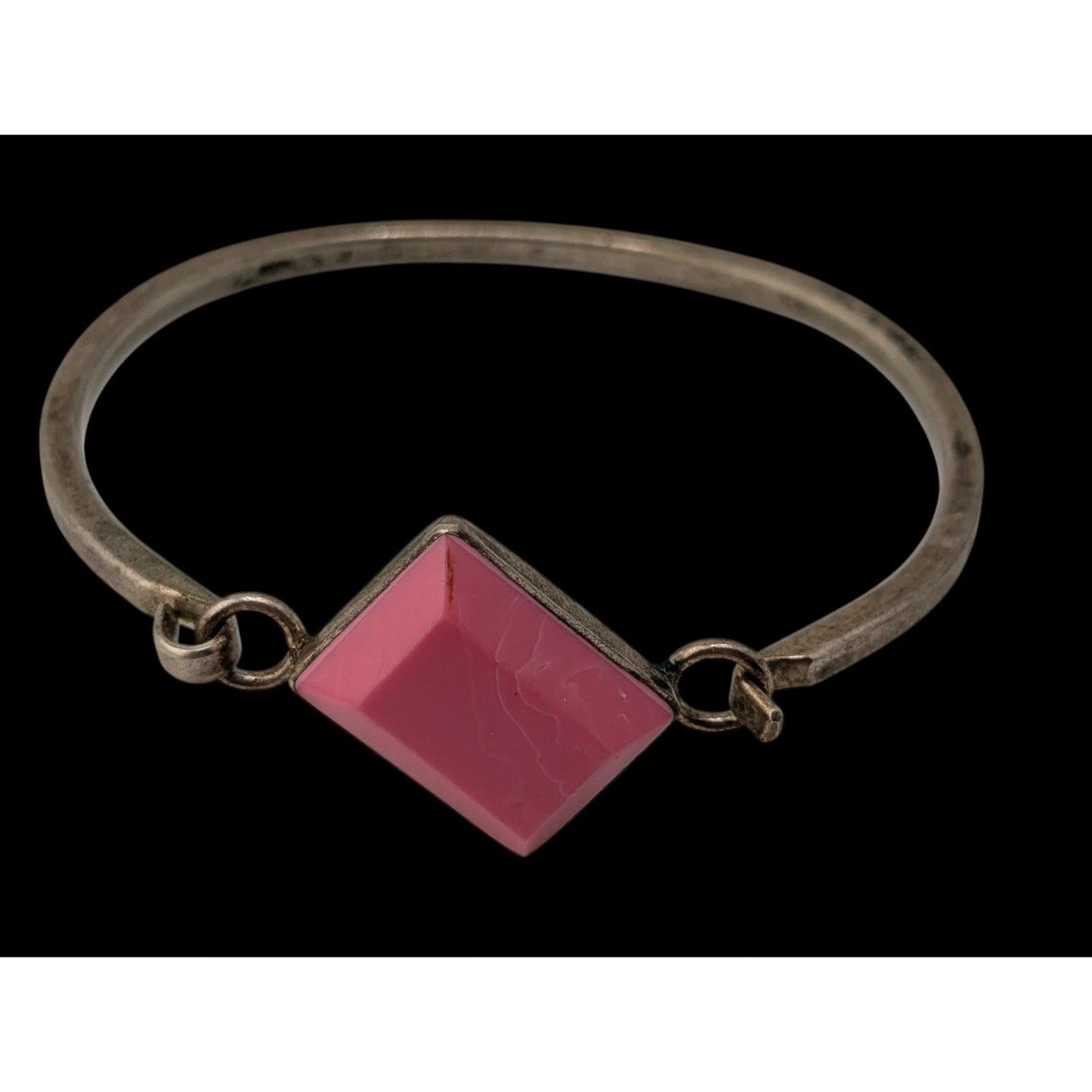 Vintage Mexico Pink Geometric Bracelet Silver Tone Modernist Bangle with Faceted Pink Stone Statement Cuff