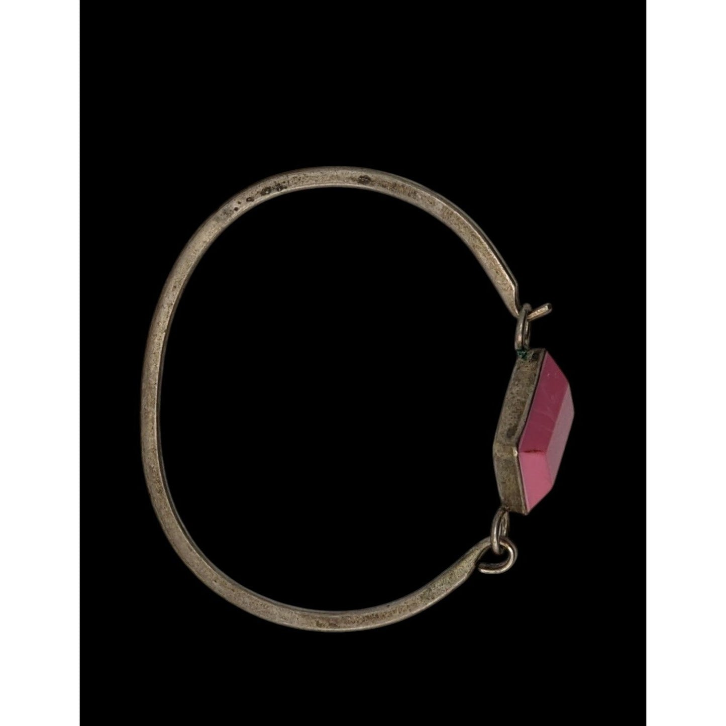 Vintage Mexico Pink Geometric Bracelet Silver Tone Modernist Bangle with Faceted Pink Stone Statement Cuff