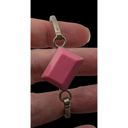 Vintage Mexico Pink Geometric Bracelet Silver Tone Modernist Bangle with Faceted Pink Stone Statement Cuff