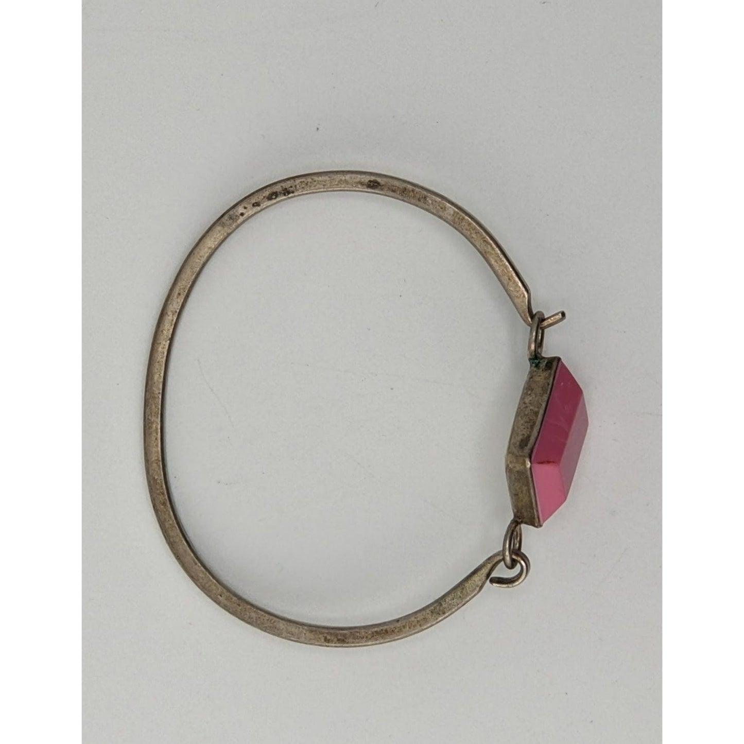 Vintage Mexico Pink Geometric Bracelet Silver Tone Modernist Bangle with Faceted Pink Stone Statement Cuff