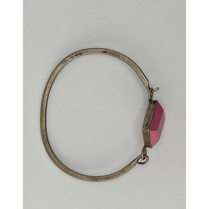 Vintage Mexico Pink Geometric Bracelet Silver Tone Modernist Bangle with Faceted Pink Stone Statement Cuff