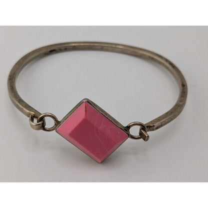 Vintage Mexico Pink Geometric Bracelet Silver Tone Modernist Bangle with Faceted Pink Stone Statement Cuff