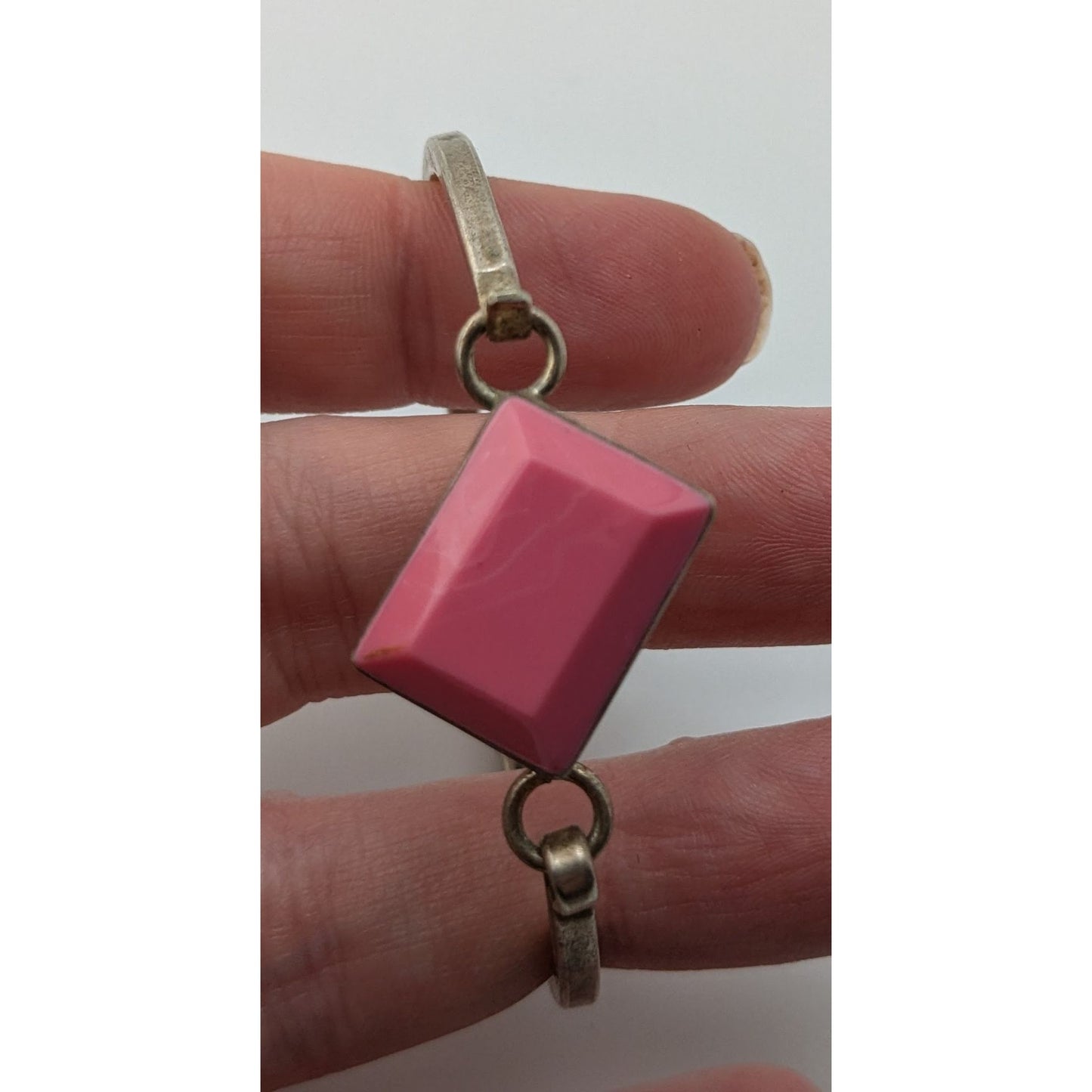 Vintage Mexico Pink Geometric Bracelet Silver Tone Modernist Bangle with Faceted Pink Stone Statement Cuff