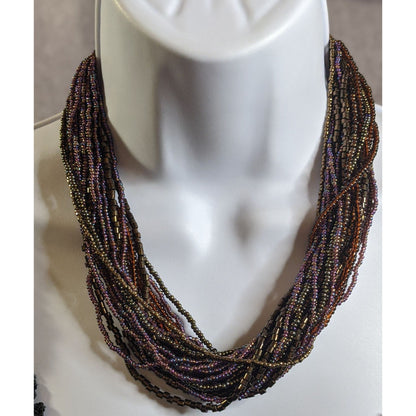 Earthy Multicolor Oil Slick Glass Beaded Necklace Layered Strand Design