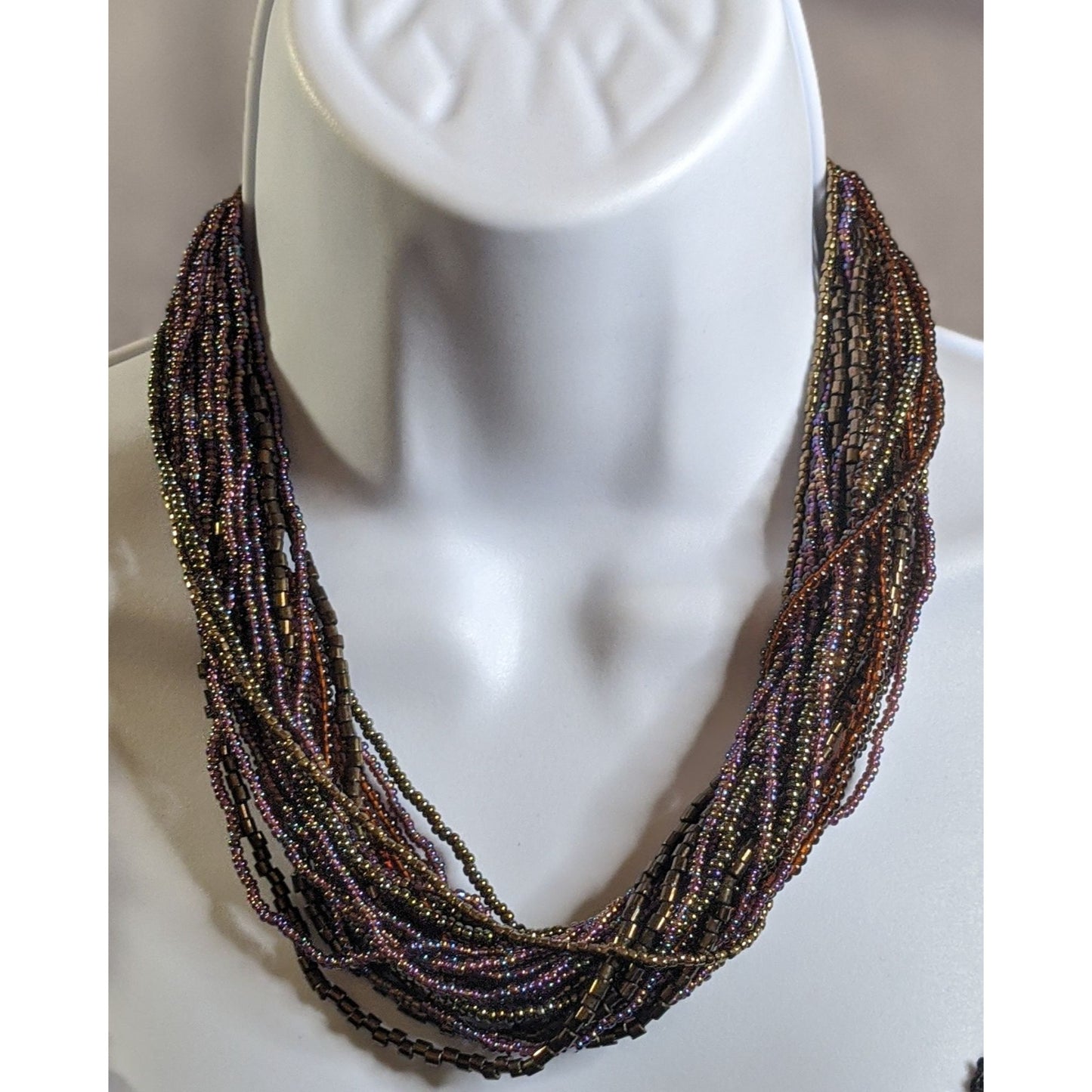 Earthy Multicolor Oil Slick Glass Beaded Necklace Layered Strand Design