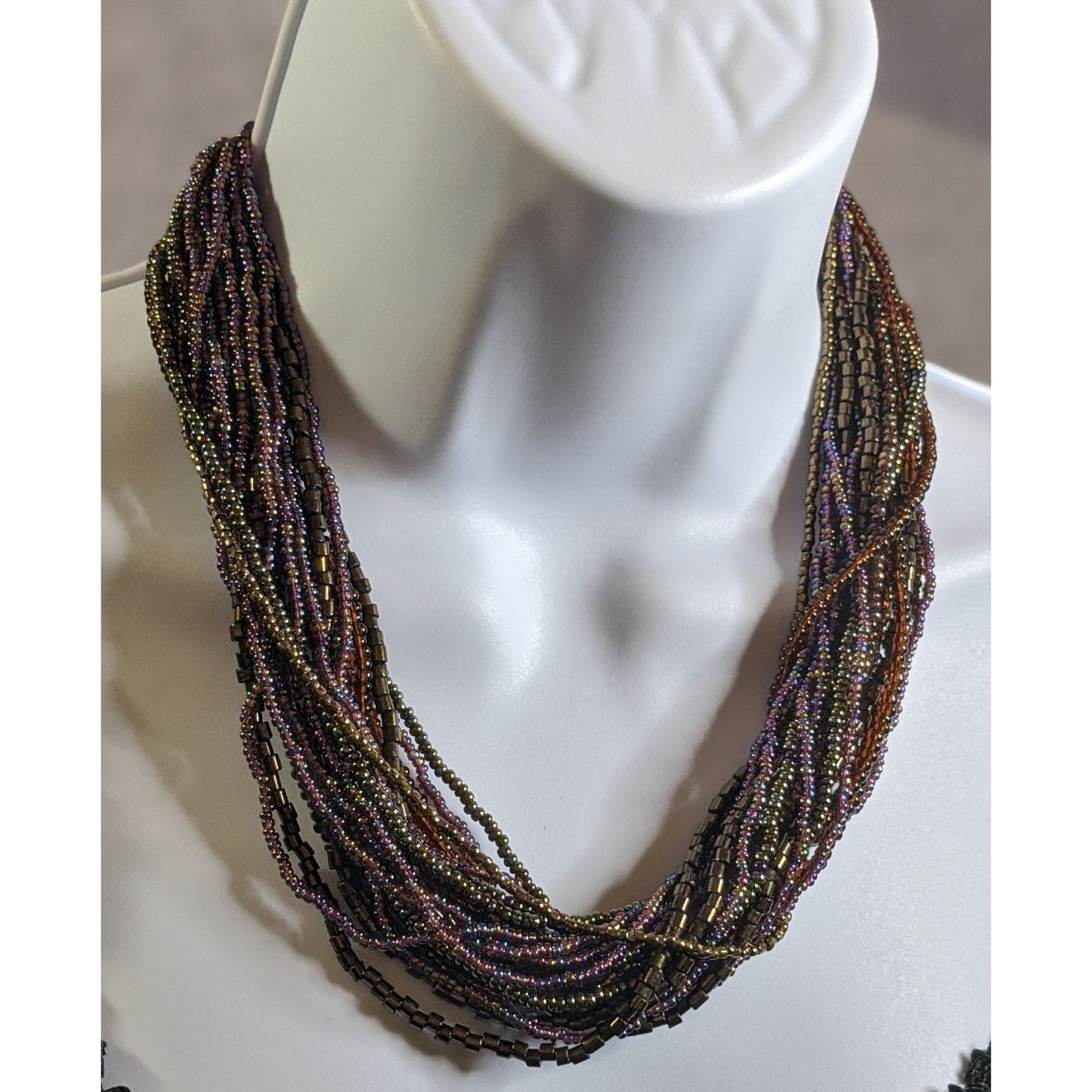Earthy Multicolor Oil Slick Glass Beaded Necklace Layered Strand Design