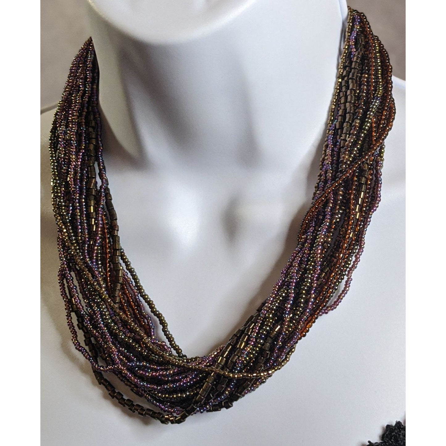 Earthy Multicolor Oil Slick Glass Beaded Necklace Layered Strand Design