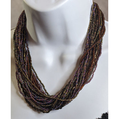 Earthy Multicolor Oil Slick Glass Beaded Necklace Layered Strand Design