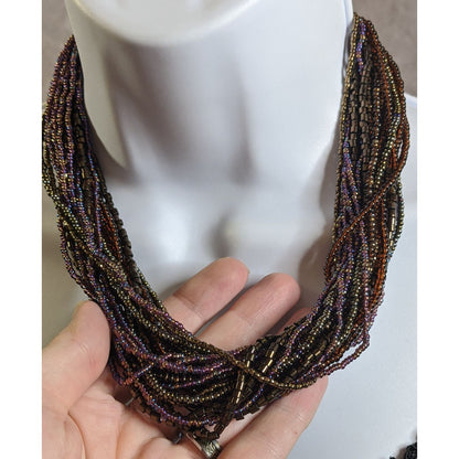 Earthy Multicolor Oil Slick Glass Beaded Necklace Layered Strand Design