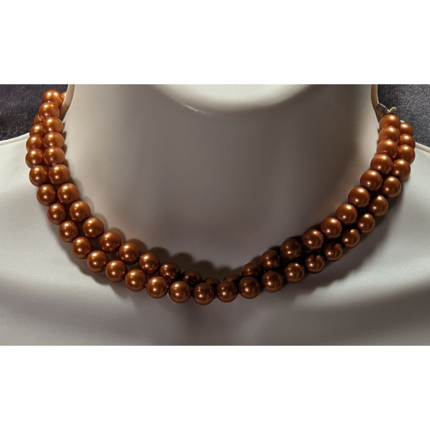 Vintage Glam Copper Tone Dual Strand Faux Pearl Beaded Necklace
