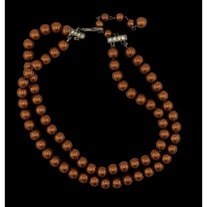 Vintage Glam Copper Tone Dual Strand Faux Pearl Beaded Necklace