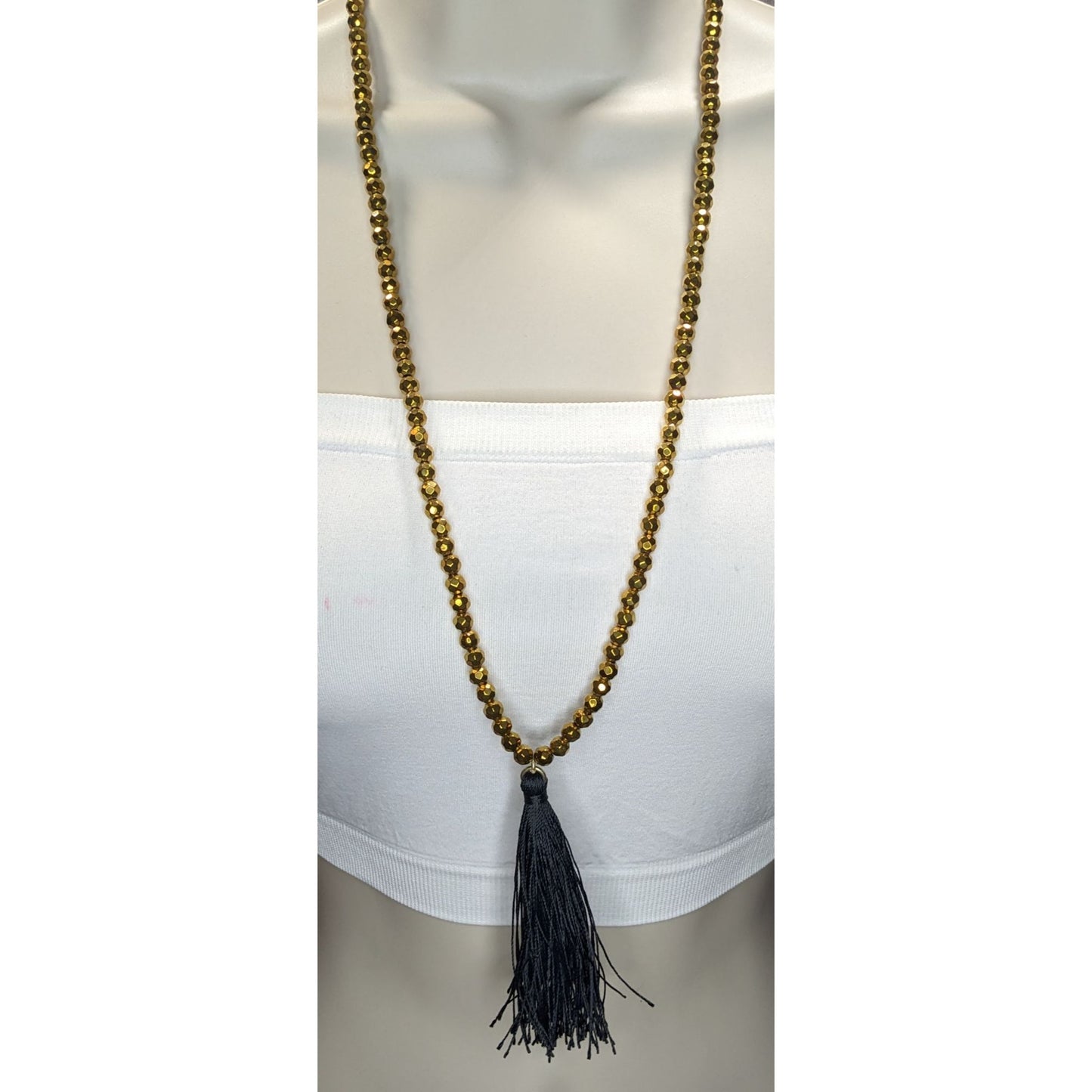 Boho J.Crew Gold Beaded Black Tassel Necklace Long Statement Jewelry