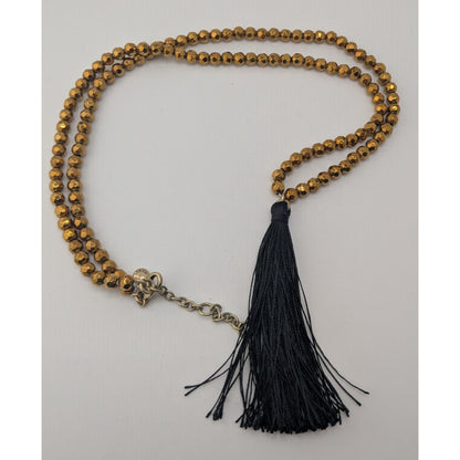 Boho J.Crew Gold Beaded Black Tassel Necklace Long Statement Jewelry