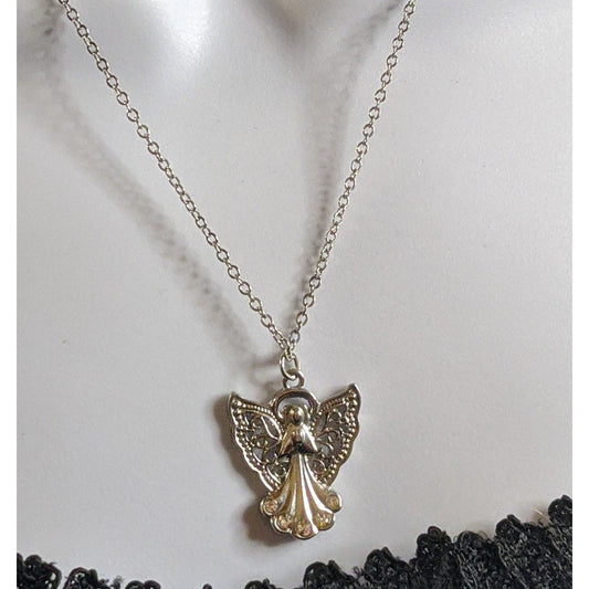 Religious Angel Pendant Necklace Silver Tone With Rhinestones