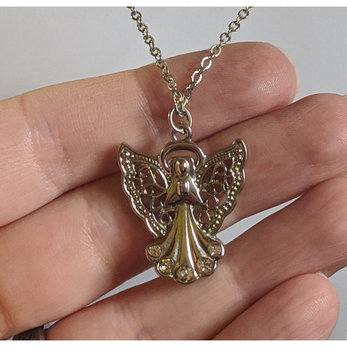 Religious Angel Pendant Necklace Silver Tone With Rhinestones