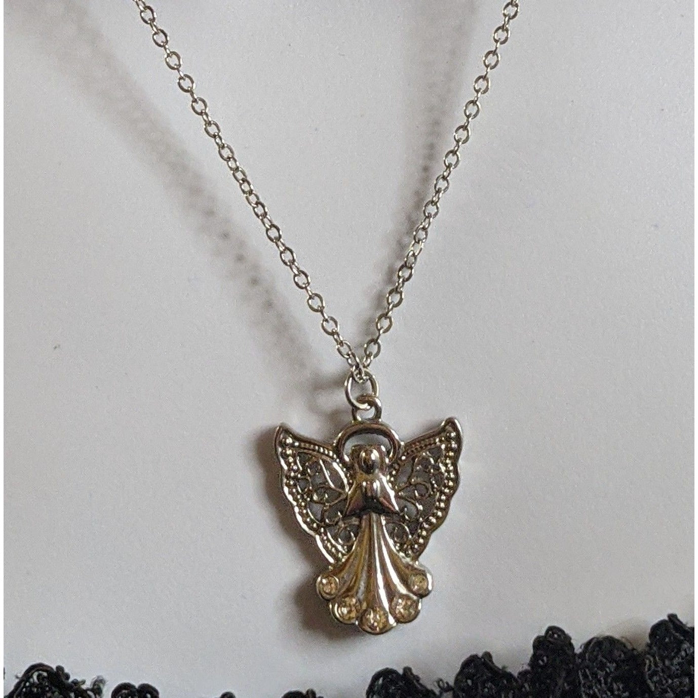 Religious Angel Pendant Necklace Silver Tone With Rhinestones