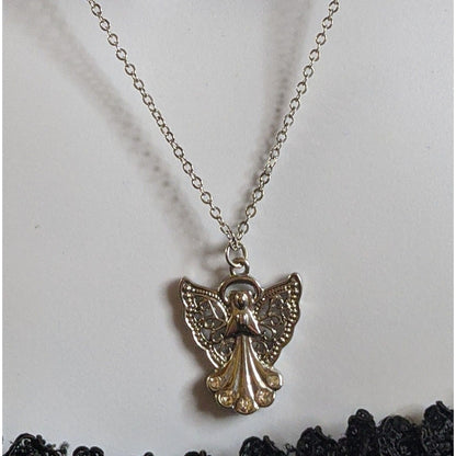Religious Angel Pendant Necklace Silver Tone With Rhinestones