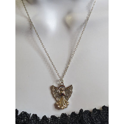 Religious Angel Pendant Necklace Silver Tone With Rhinestones