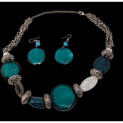 Boho Statement Coastal Green Glass Beaded Necklace & Earrings Set