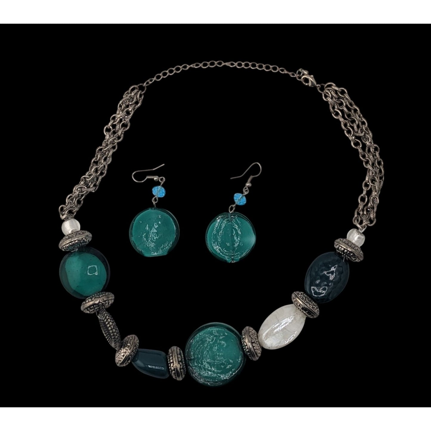 Boho Statement Coastal Green Glass Beaded Necklace & Earrings Set
