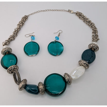 Boho Statement Coastal Green Glass Beaded Necklace & Earrings Set