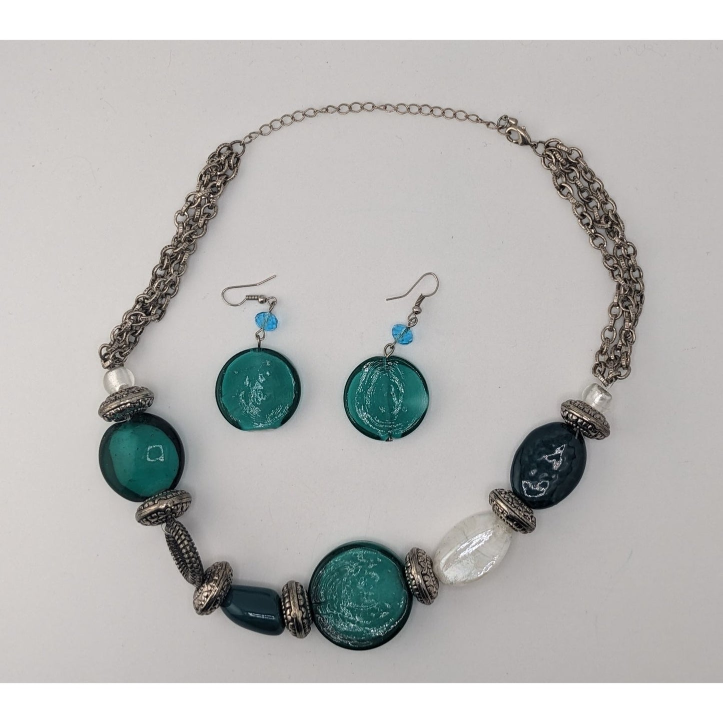 Boho Statement Coastal Green Glass Beaded Necklace & Earrings Set