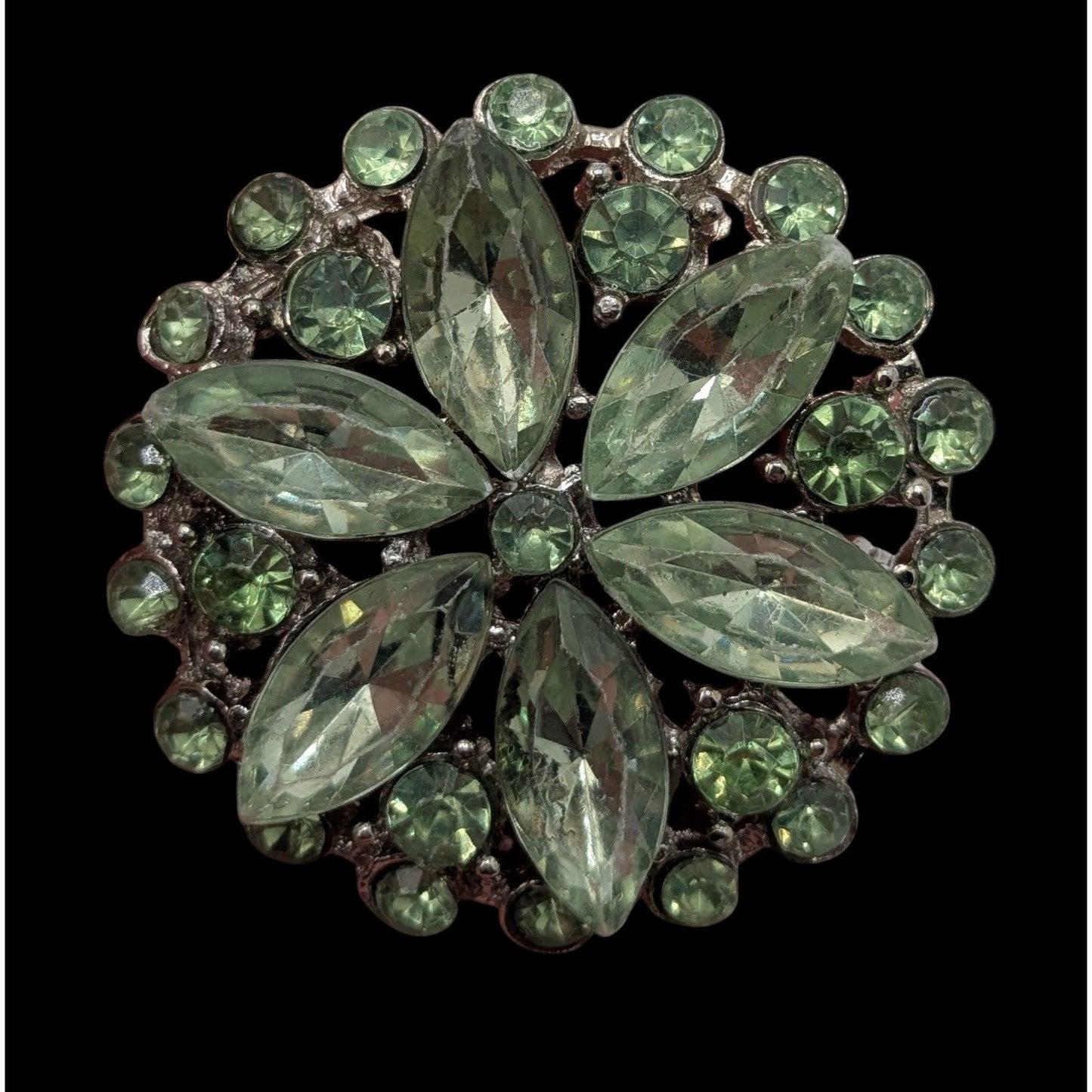 Vintage Green Floral Brooch Mid Century Gemmed Flower Pin Glam Statement Jewelry