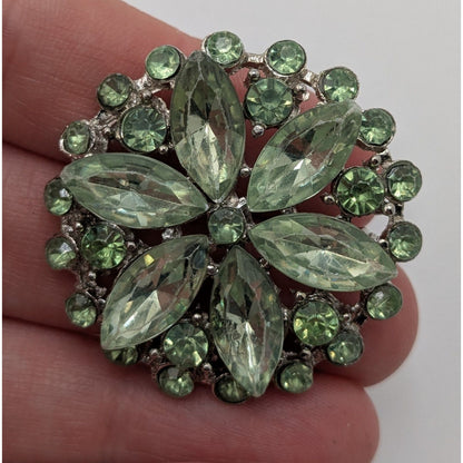Vintage Green Floral Brooch Mid Century Gemmed Flower Pin Glam Statement Jewelry