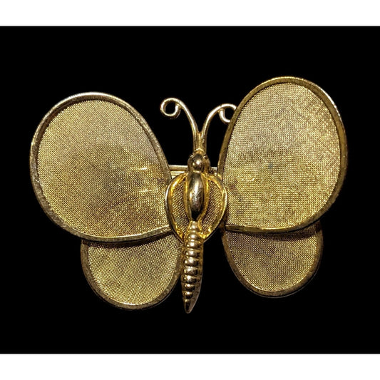 Vintage Gold Tone Spring Mesh Wing Butterfly Brooch