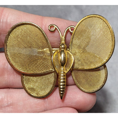 Vintage Gold Tone Spring Mesh Wing Butterfly Brooch