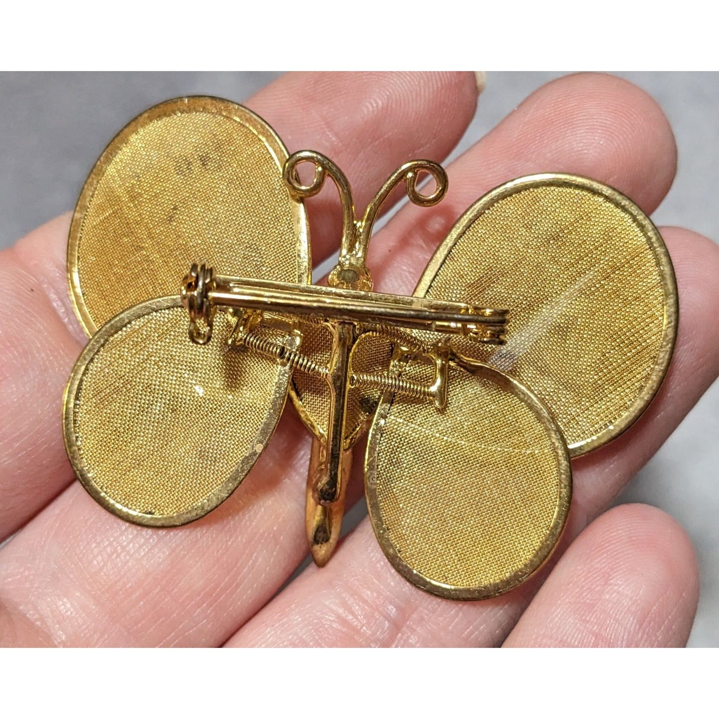 Vintage Gold Tone Spring Mesh Wing Butterfly Brooch