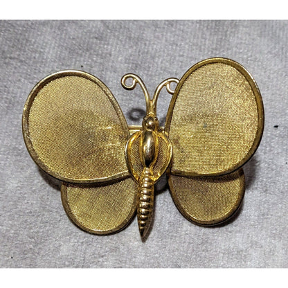 Vintage Gold Tone Spring Mesh Wing Butterfly Brooch