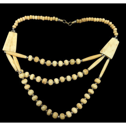 Vintage Tribal Carved Cow Bone Statement Necklace