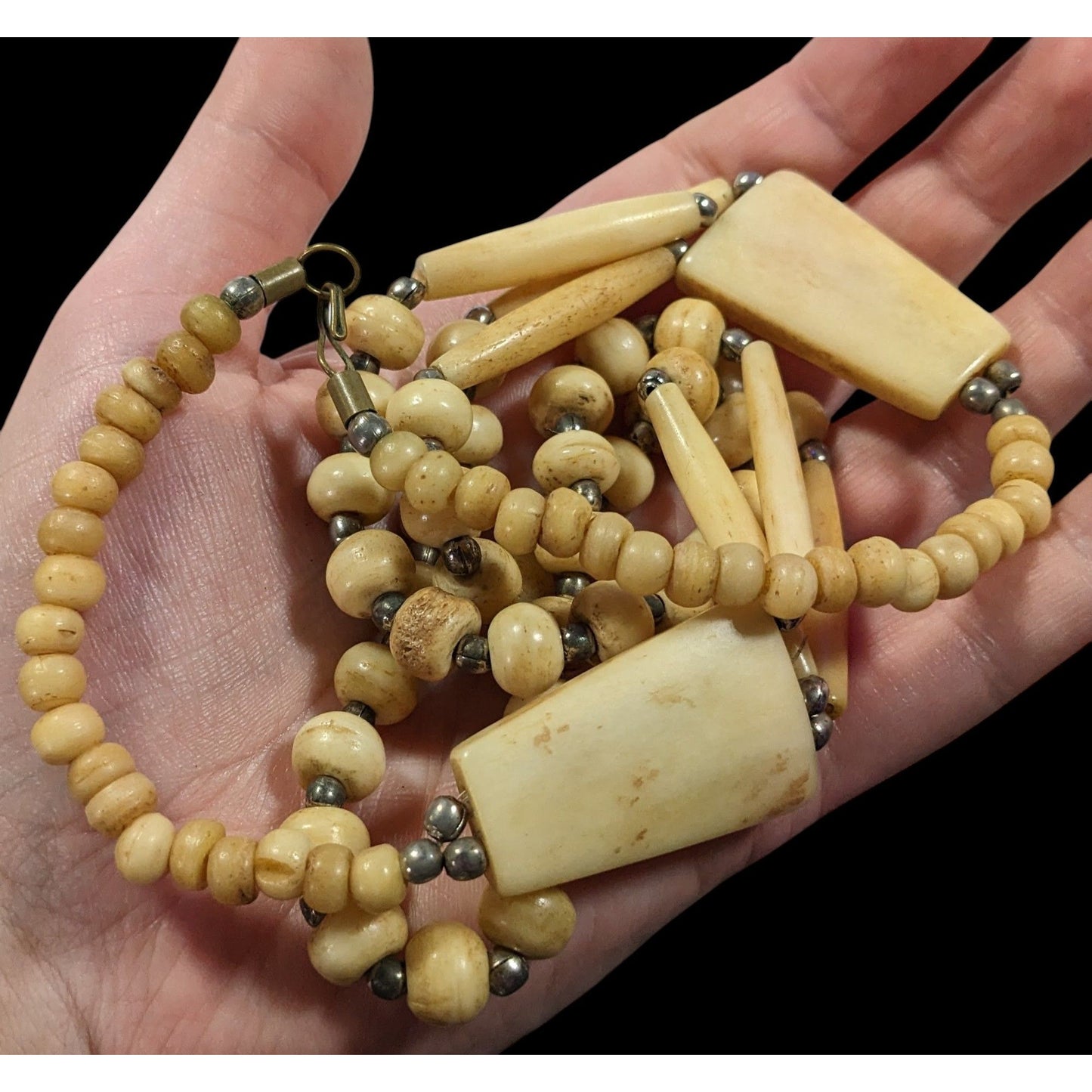 Vintage Tribal Carved Cow Bone Statement Necklace