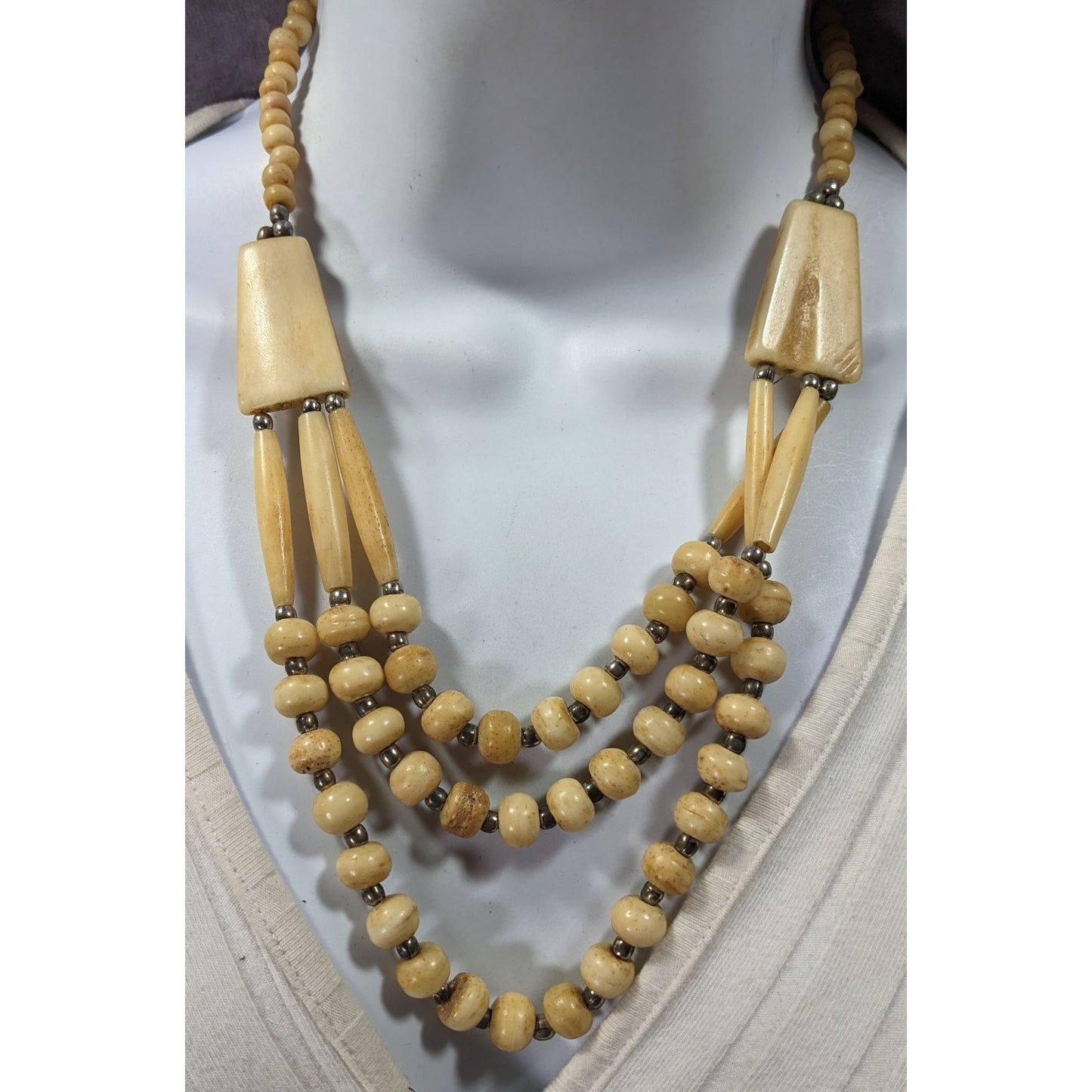 Vintage Tribal Carved Cow Bone Statement Necklace